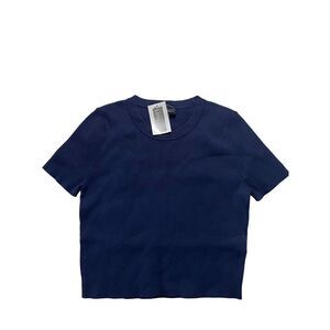 Intermix Women's Navy Crew Neck Katya Rib Knit Short Sleeve Crop Top Size L NWT